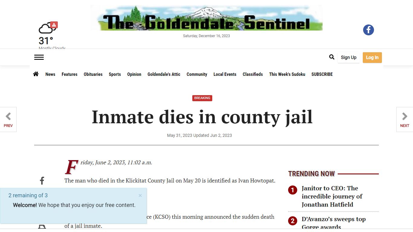 Inmate dies in county jail | News | goldendalesentinel.com